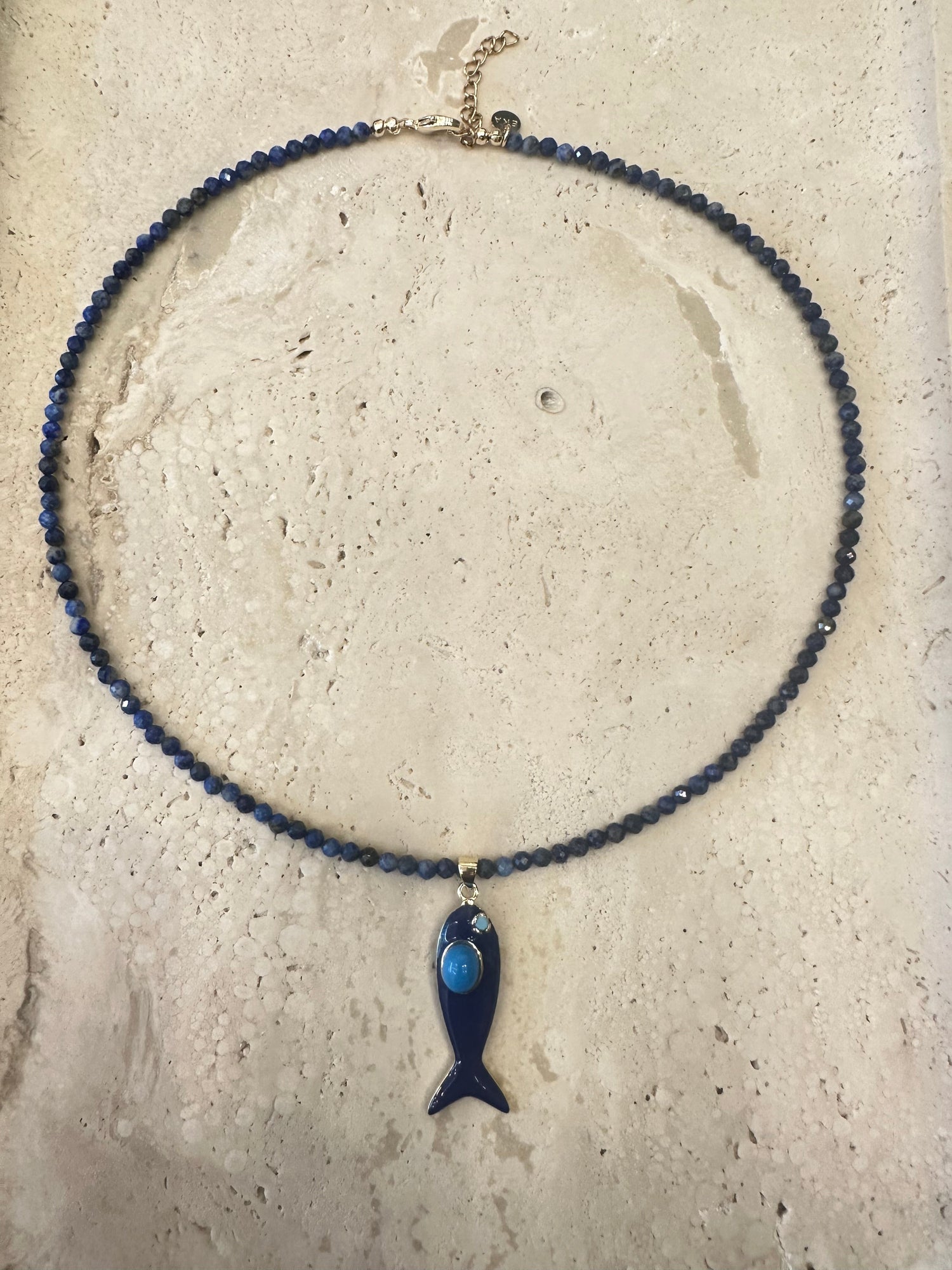 Beaded Gemstones Necklace With Enamel Fish Pendant 